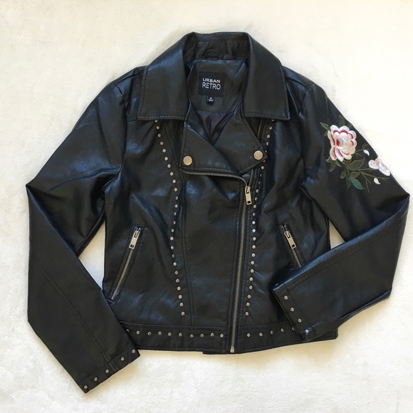SOLD!! Black Studded Leather Jacket w/ Floral Embroidery - Picture 2 of 10